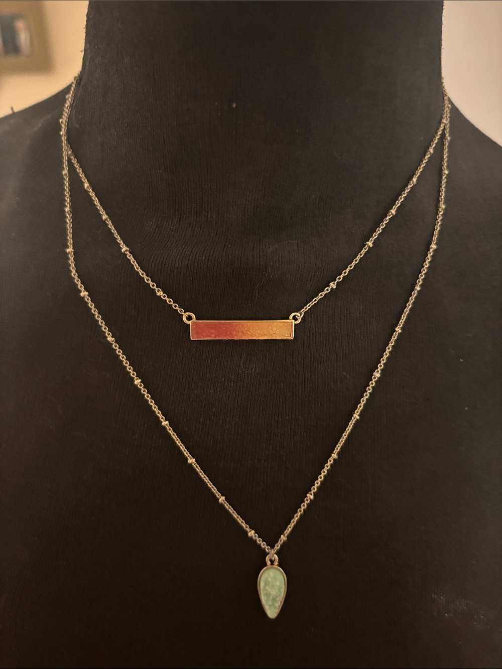 Anthropologie Gold Layered Necklace with Mint Teardrop and Gold Bar